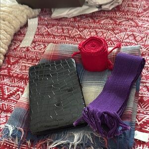 Plaid Blue and Red Scarf, Black Wallet, Red, Purple Belts